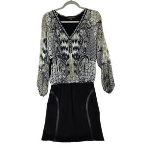 Hale Bob Paisley Mixed Media Mini Dress S Blouson Top Bodycon Skirt Puff Sleeve